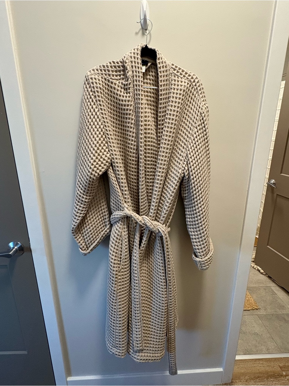 Beige Waffle-Knit Robe Coat with Tie Belt